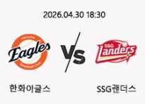04/30 18:30 경기 KBO #연장포함# 한화이글스 (-1.5) vs SSG랜더스