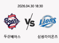 04/30 18:30 경기 KBO #연장포함# 두산베어스 (+0.5) vs 삼성라이온즈