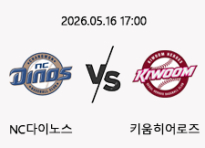 05/16 17:00 경기 KBO #연장포함# NC다이노스 (-1.5) vs 키움히어로즈
