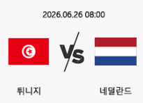 06/26 08:00 경기 FIFA 북중미 월드컵 튀니지 (+2.5) vs 네덜란드