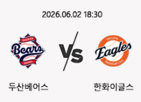 06/02 18:30 경기 KBO #연장포함# 두산베어스 (-0.5) vs 한화이글스